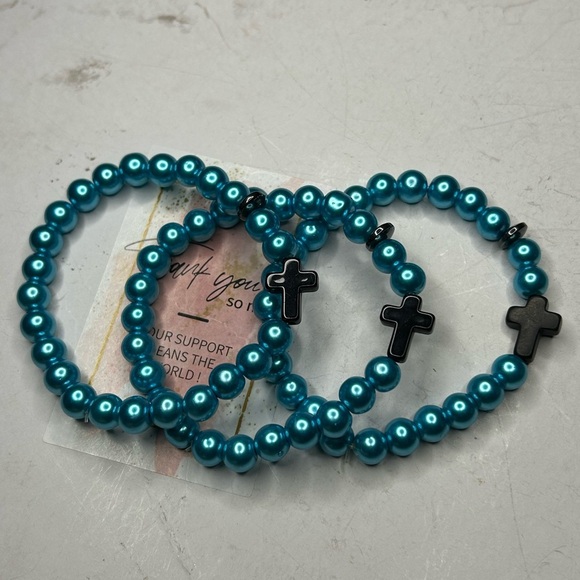 Blue Beaded Cross Bracelet Set (set of 3) - Picture 2 of 2